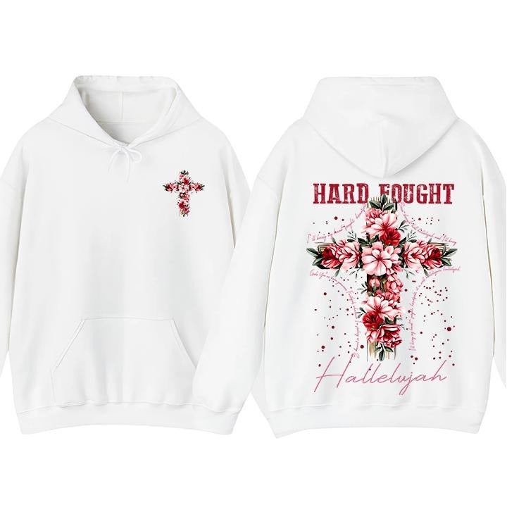 Hard Fought Hallelujah 2-sided Hoodie & T-Shirt, FLoral Christian Tee, Jesus is King, Vinatge Graphic 90s Tees, Casual...