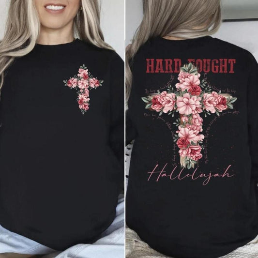 Hard Fought Hallelujah Shirt, Floral Christian Tee Pure Cotton Casual Street Style Crew Neck Short Sleeve T-Shirt Tops Trendy For Women For Men
