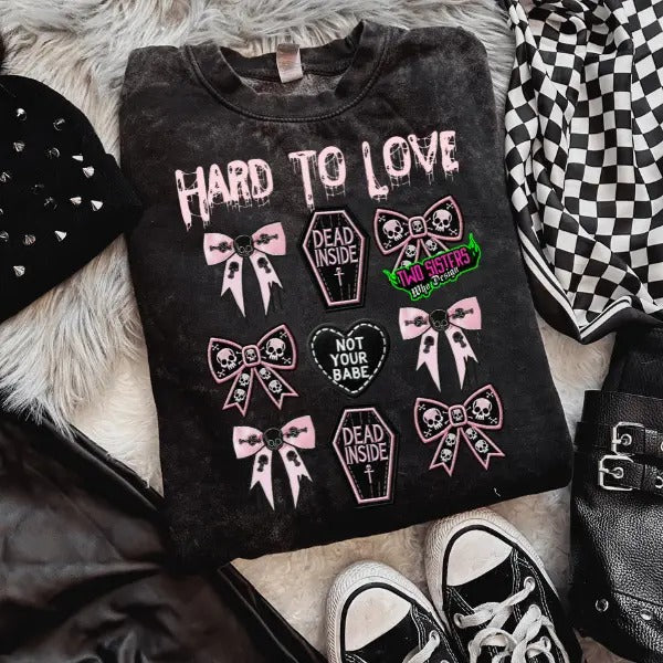 Hard to Love Coquette Bow Black Mineral Wash Crewneck Sweatshirt T Shirt Pullover Women's Vintage Graphic Hoodie Casual...