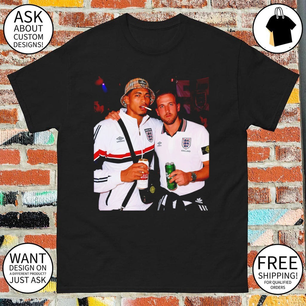 Harry Kane and Jude Bellingham smoking and beer Step Bros style World Cup 2026 shirt