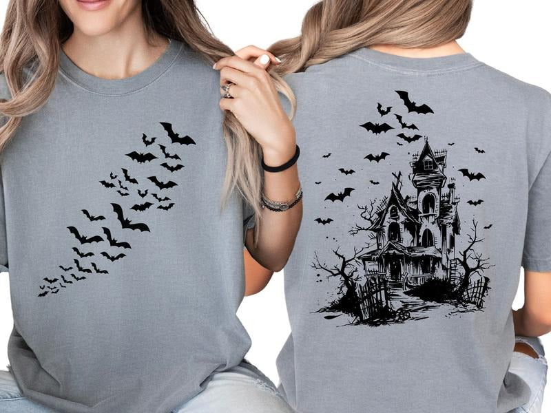 Haunted House Halloween T Shirt for Women, Trendy Bat Swarm Graphic Tee, CAsual Short Sleeve Halloween T-Shirt,...