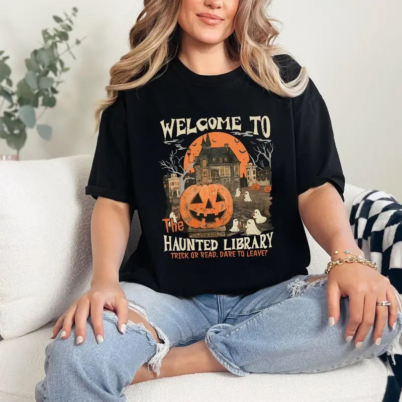 Haunted Library Halloween Sweatshirt, Bookish Halloween Tee Shirt, Funny Halloween Librarian Graphic T-Shirt, Ghost...