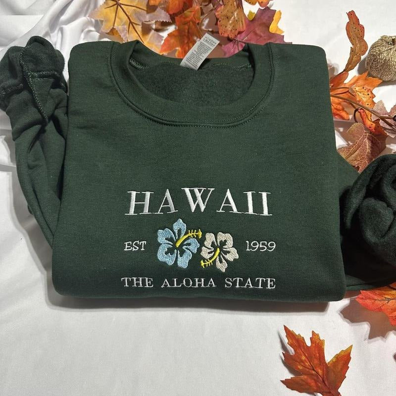 Hawaii the Aloha State Embroidered Sweatshirt - Women's Lightweight Basics T-Shirts, Hoodie | HypeDripTees.com