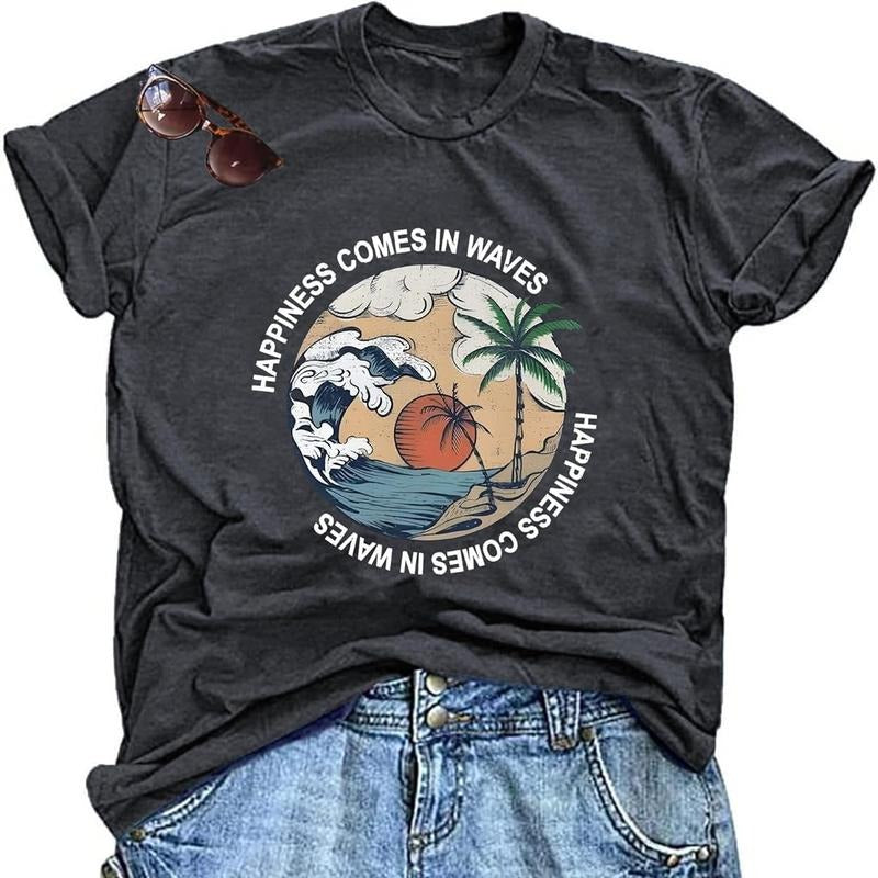 Hawaiian Shirts for Women Beach T-Shirt Tropical Graphic Tees Summer Vacation Happiness Comes in Waves Short Sleeve Tops...