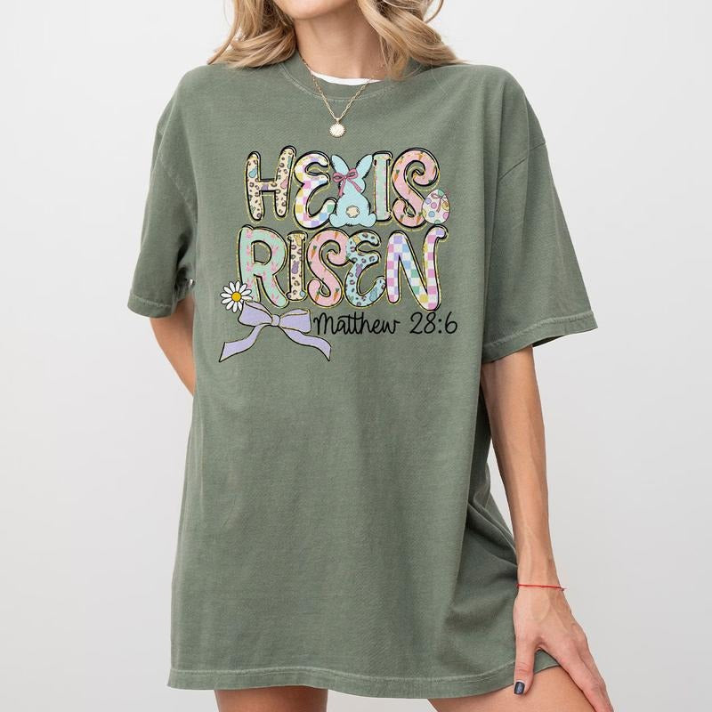 He Is Risen Easter Shirt, Matthew 28:6 Christian Tee, Pastel Bunny and Bow Sweatshirt for Women, Faith-Based Spring...
