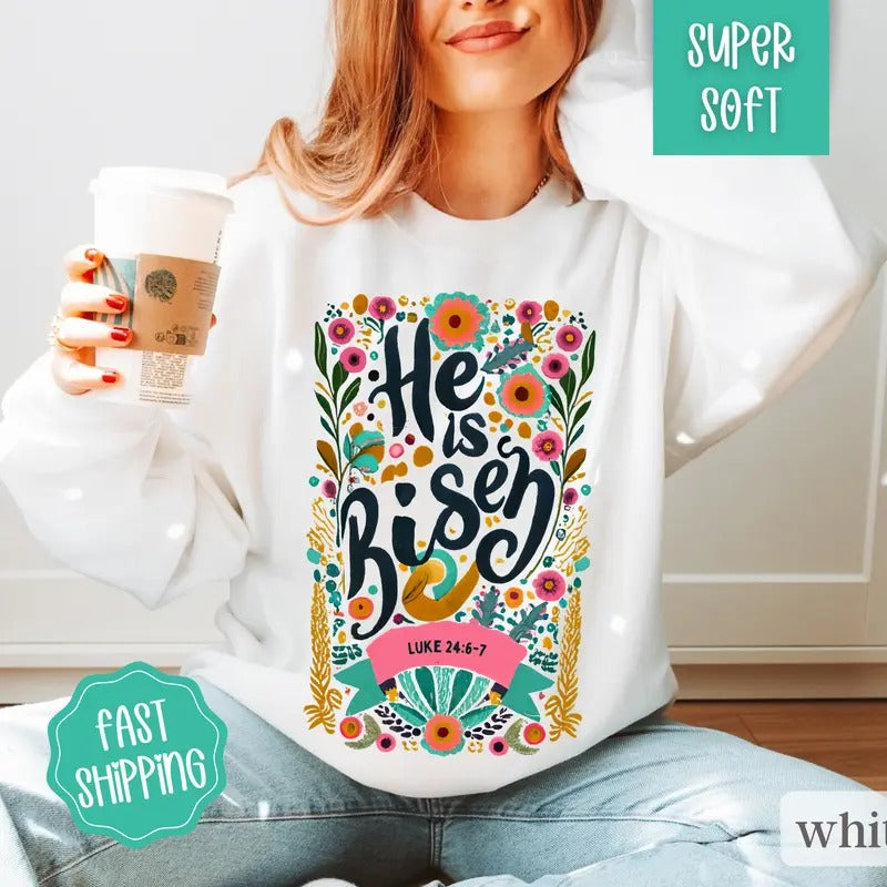 He Is Risen Sweatshirt, Jesus Shirt, Easter Outfit, Easter Crewneck Hoodie | HypeDripTees.com