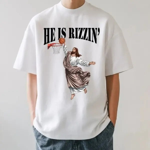 He Is Rizzin Easter Jesus Christian Shirt Faith Based Easter Shirt Jesus Playing Basketball Shirt T-Shirts, Hoodie, Sweatshirt