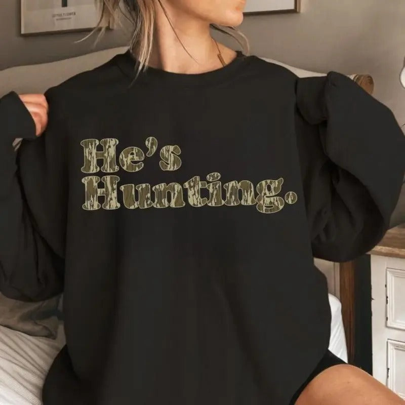 He is Hunting Camoflauge Bottomland Pattern Sweatshirt, Hunting Camo Unisex Sweatshirt T-Shirts, Hoodie | HypeDripTees.com
