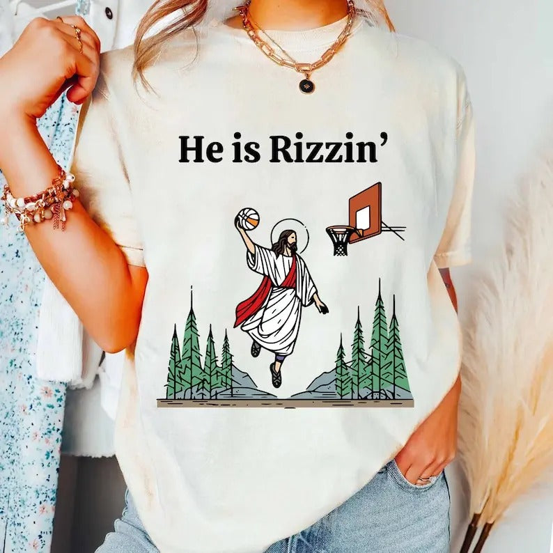 He is Risen Funny Easter Shirt, Jesus Playing Basketball, Retro Y2K Christian, Faith Religious Graphic Tee, Weirdcore...
