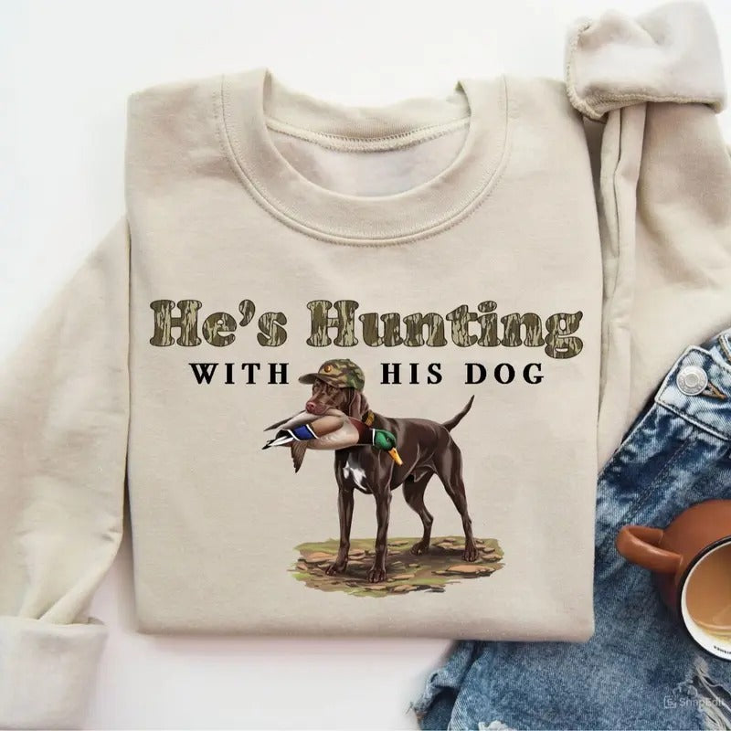 He's Hunting with His Pointers Dog Unisex Crewneck Sweater, Hunting Camo Bottomland Duck Hunt Shirt Hoodie, Sweatshirt