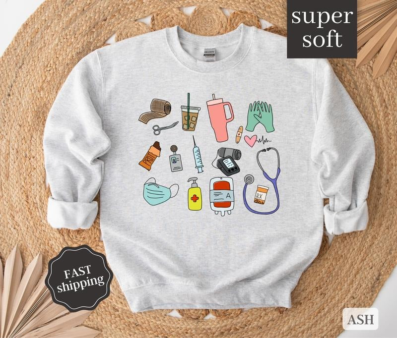 Healthcare Essentials Crewneck Sweatshirt, Nurse Sweatshirt, Medical Sweatshirt, Gift for Nurse Collar Menswear T-Shirts,...