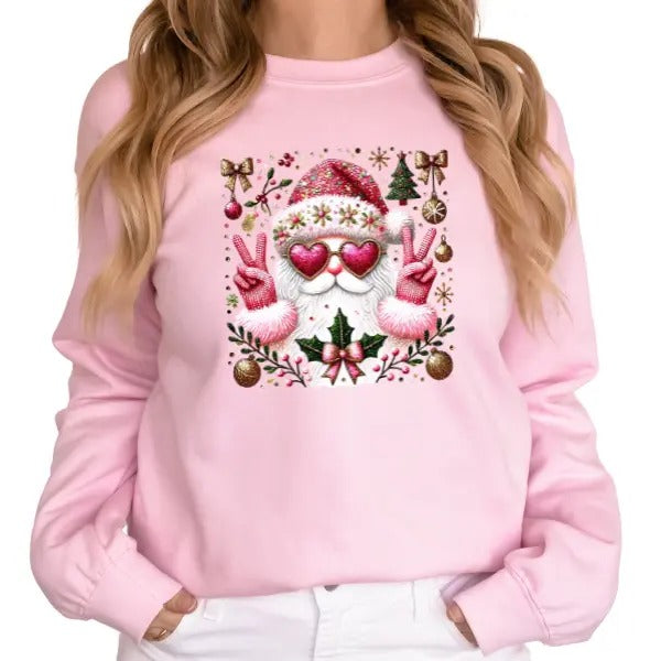 Cute Santa w/Heart Glasses Long Sleeve Crewneck Sweatshirt or Hoodie, Unisex Fit Christmas Pullover Sweater, Casual Bows...