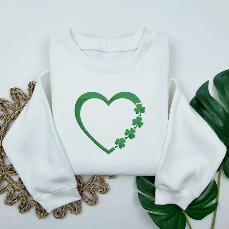 Heart Shamrock Embroidered Sweatshirt, St Patrick's Day Sweater, Green Gift for Her, Lucky Clover Sweatshirt T-Shirts, Hoodie