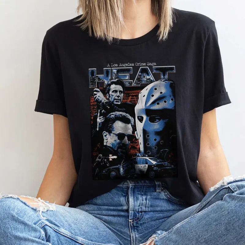 Heat Movie Graphic T-Shirt, Michael Man 90s Action Film Memorabilia, 1995 Heat Movie Tee Shirt, Hockey Mask Bank Robbery...