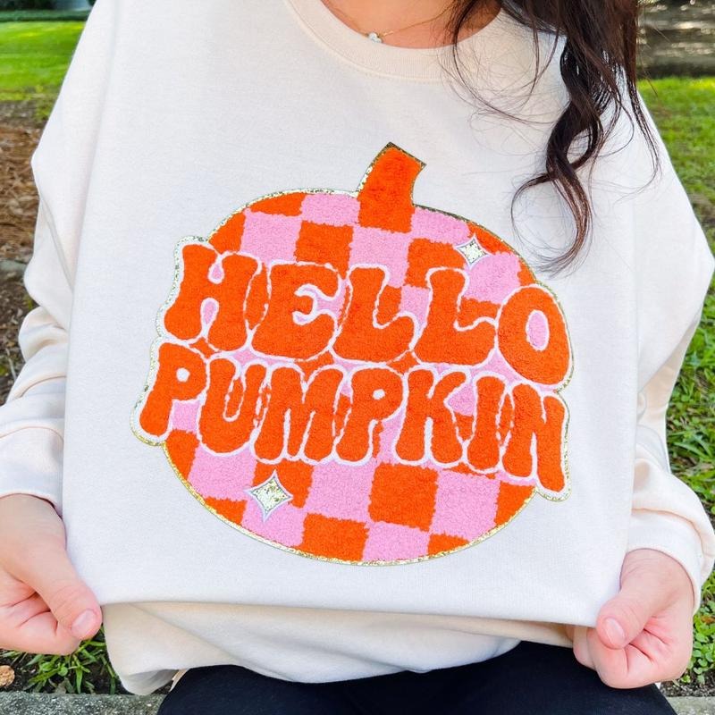 'Hello Pumpkin' Letter Patch Sweatshirt T-Shirts, Hoodie | HypeDripTees.com