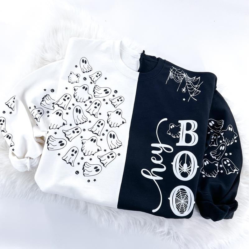 Hey Boo Halloween Colorblock Sweatshirt Comfy Womenswear Tops T-Shirts, Hoodie | HypeDripTees.com