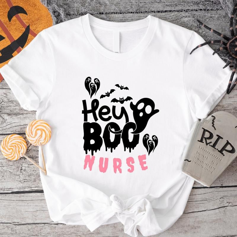 Hey Boo Nurse T-Shirt, Nurse Halloween Party Gift Shirt, Matching Spooky Nurse Tee, Nursing School Crew Party Tee, Spooky...