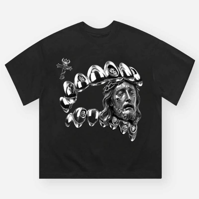 High Quality Diamond Steel Teeth & Jesus Print T-Shirt, Vintage Graphic Tee, Y2k Clothing, Unisex Cotton Crewneck T-Shirt
