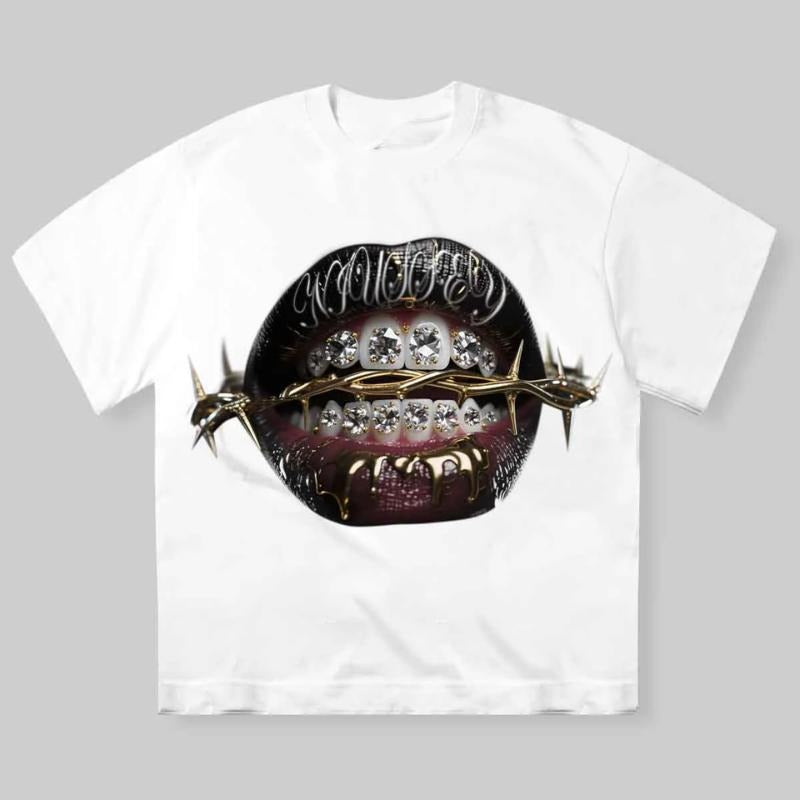 High Quality Thorn Diamond Lips Print T-shirt, Vintage Graphic Tee, Y2k Clothing, Unisex Cotton Crewneck T-Shirt