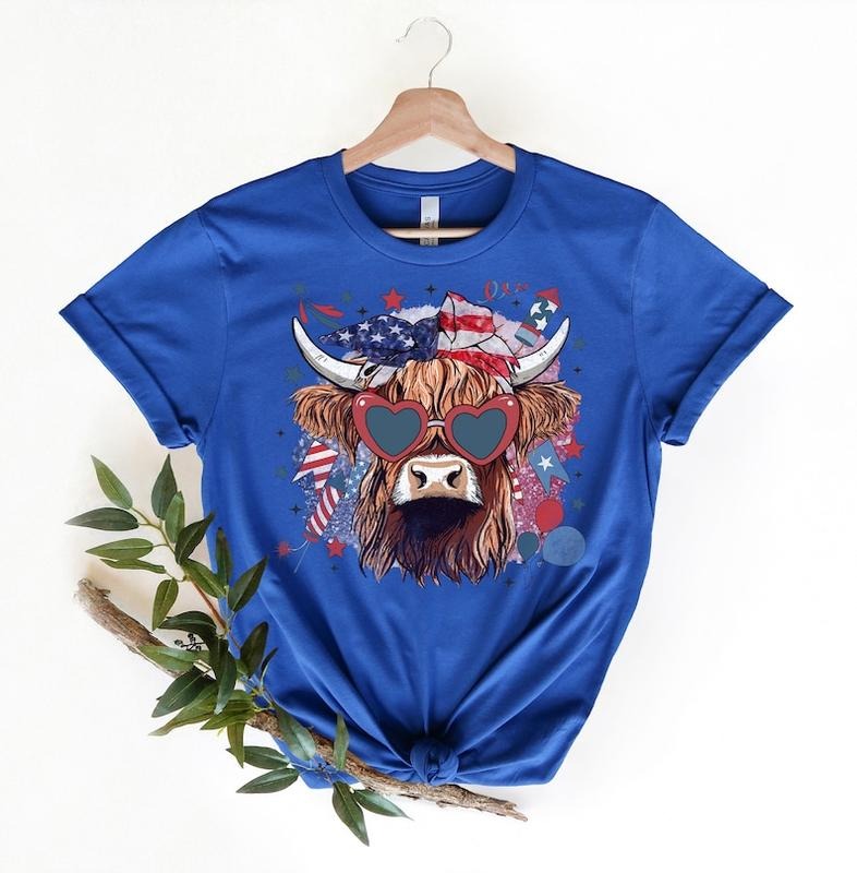 Highland Cow 4th Of July T-Shirt, Independence Day Shirt, American Cow T-shirt, Patriotic Shirt, Cow Lover Gift, Western...