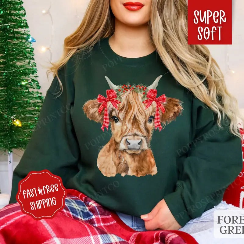 Highland Cow Christmas Sweatshirt, Christmas Sweater, Women's Holiday Crewneck T-Shirts, Hoodie | HypeDripTees.com