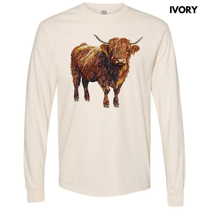 Highland Cow Faux Rhinestone Long Sleeve Comfort Colors T-Shirt Hoodie, Sweatshirt | HypeDripTees.com