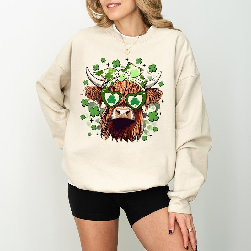 Highland Cow St Patrick Sweatshirt, Happy St Patricks Day T-Shirt, St Pattys Day Sweater, Shamrock Four Leaves Clover...