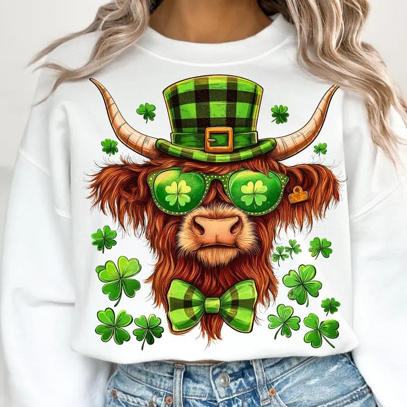 Highland Cow St Patricks Sweatshirt, Retro St Patricks Shirt, Shamrock Shirt, Lucky Sweatshirt Hoodie | HypeDripTees.com