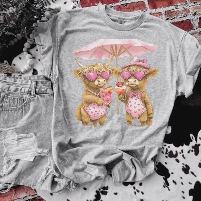 Highland Cows Summer Time Ash Grey T-Shirt - Bleached - Gildan - Unisex Hoodie, Sweatshirt | HypeDripTees.com