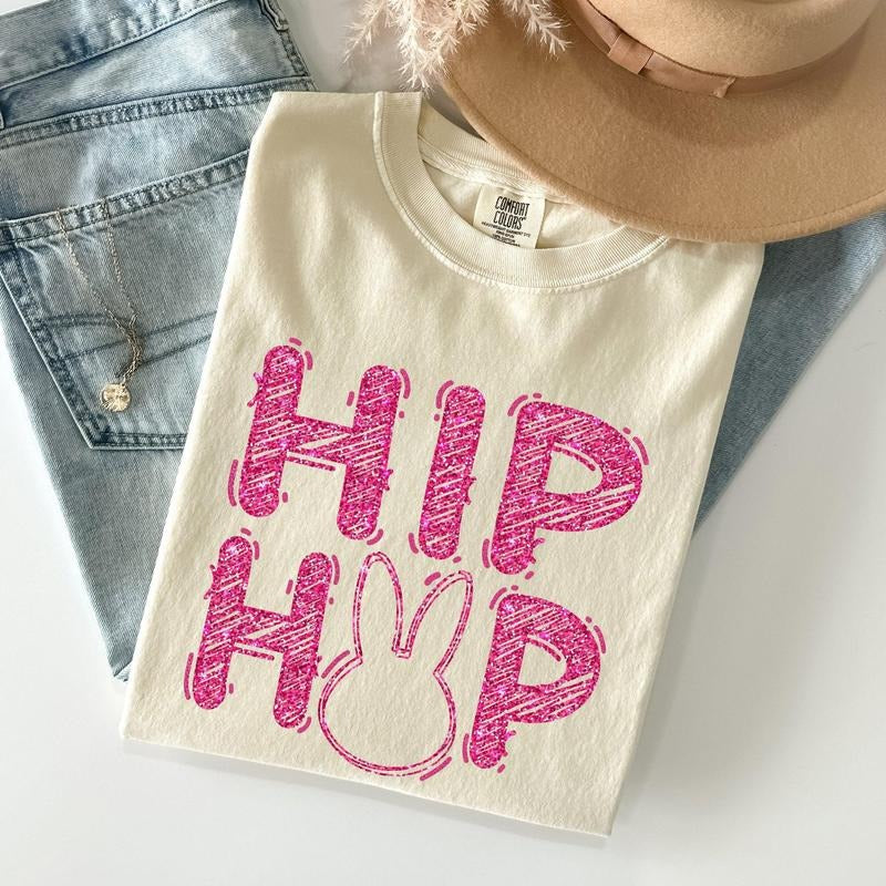 Hip Hop, Retro Glitter Effect, Bunny, Rabbit, Easter Comfort Colors Tshirt, Women's Crew Neck, Crewneck Hoodie, Sweatshirt