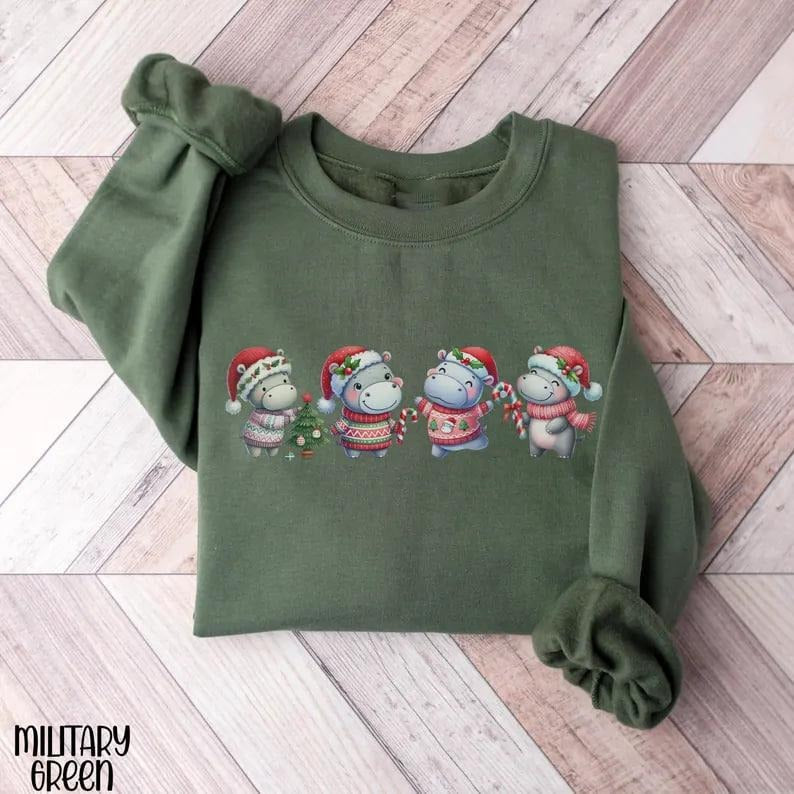 Hippopotamus Christmas Sweatshirt, Funny Hippo Christmas TShirt, Holiday Crewneck for Christmas Gift,Womens Christmas...
