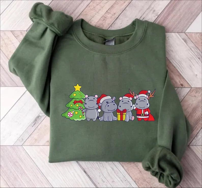 Hippopotamus Christmas Sweatshirt, Retro Hippo Christmas Light Sweatshirt, Hippo Lover Xmas Shirt, Hippo Christmas...