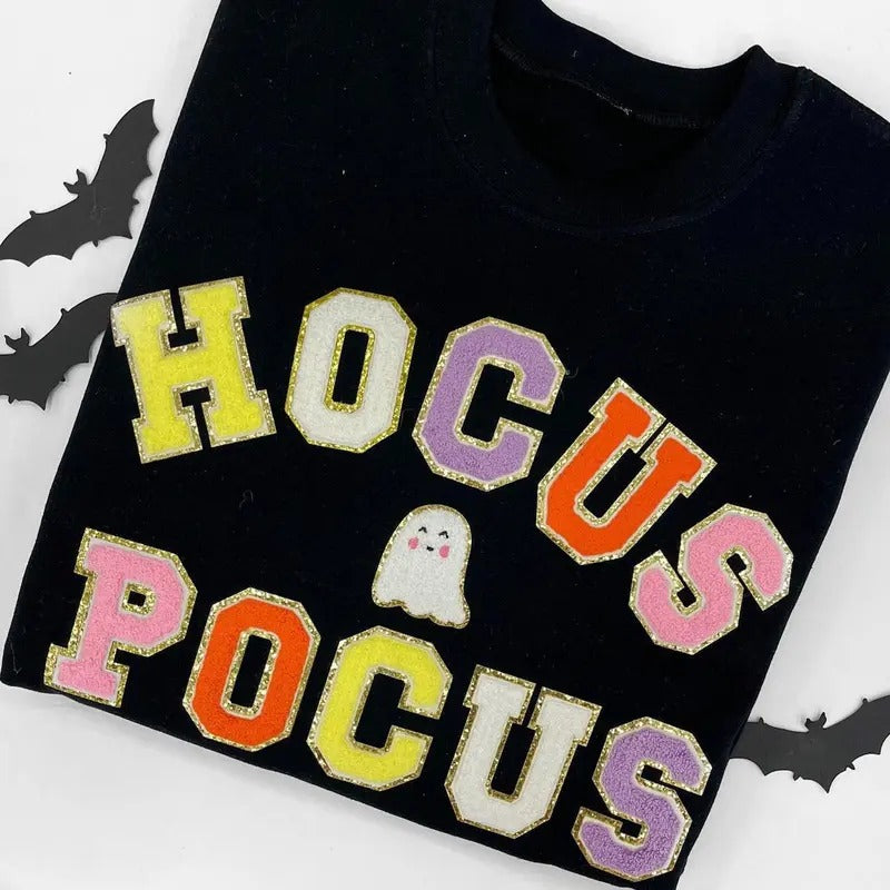 Hocus Pocus Letter Patch Crewneck Sweatshirt, Chenille Letter Patches, Halloween T-Shirts, Hoodie | HypeDripTees.com