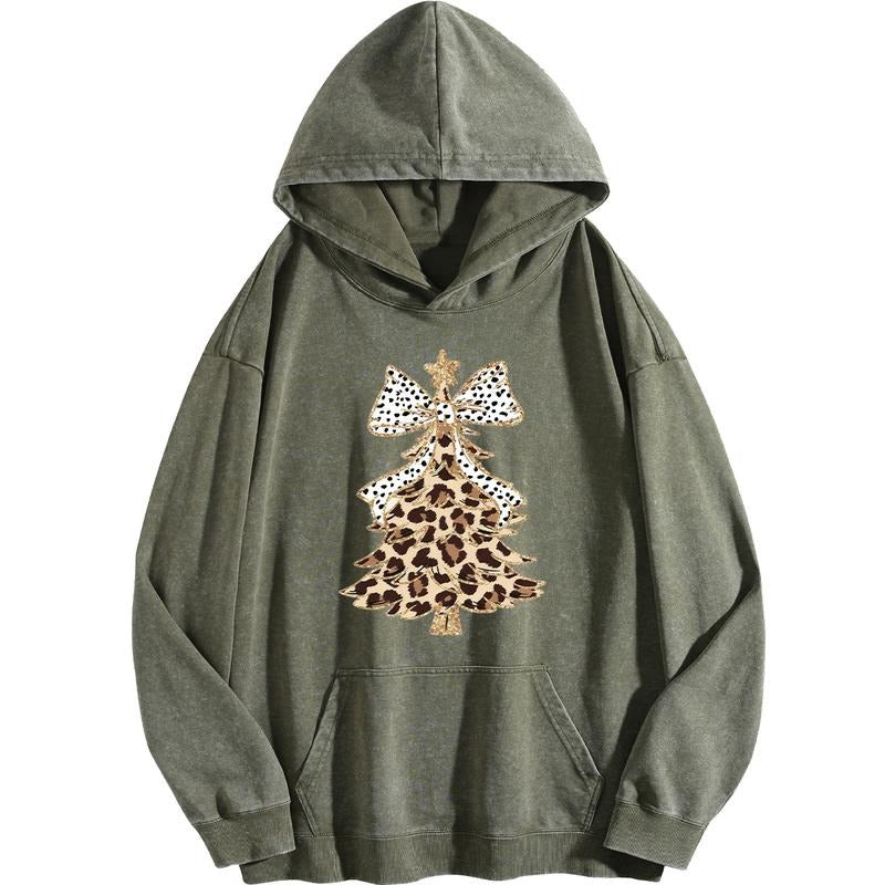 Holafish Acid Wash Cotton Hoodie with Kangaroo Pocket Vintage GoldenTree Pattern Cozy Everyday Comfort Pullover for Fall...