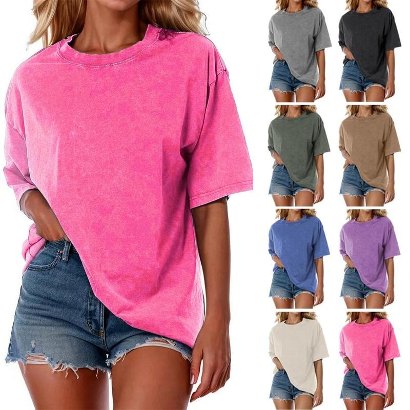 Holafish Acid Wash Unisex Oversized Cotton T-Shirt Crew Neck Half Short Sleeve Summer Top Casual Loose Fit Solid...