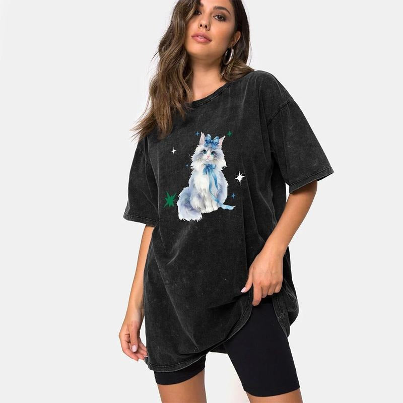 Holafish Acid Washed Shirt Ribbon Cat Print Casual Graphic Tee Half Short Sleeves Crew Neck Summer Comfortable Cotton Top...