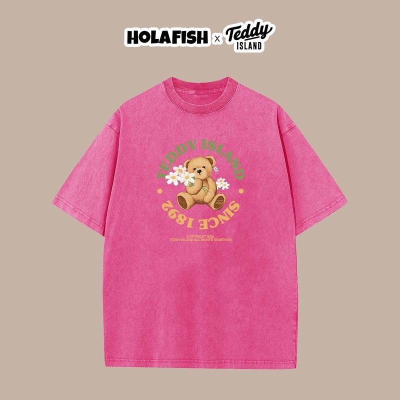 Holafish Acid Washed Shirt Teddy 1892 Print Casual Graphic Tee Half Short Sleeves Crew Neck Summer Comfortable Cotton Top...