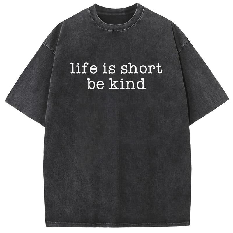 Holafish Acid Washed Shirts Life is Short Print Oversized Half Short Sleeves Casual Graphic Tee Summer Comfortable Cotton...