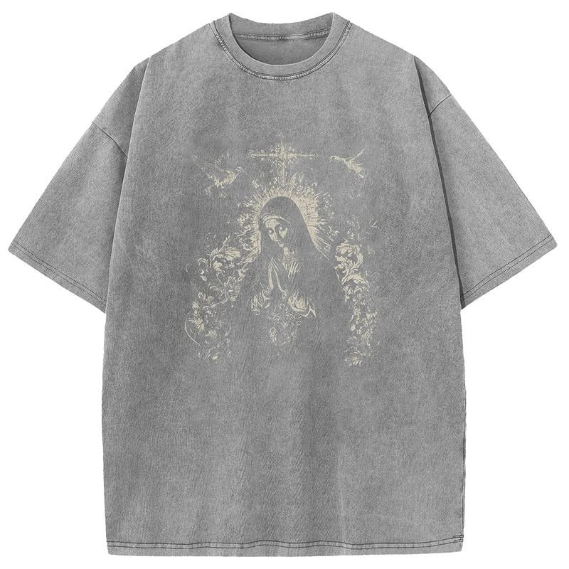Holafish Acid Washed Tee -"Virgin Mary"print Oversized Loose Fit Baggy T-Shirt for Men Women, Distressed Retro Streetwear...