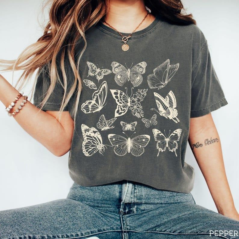 Holafish Comfort Colors Vintage Butterfly Comfort Colors Shirt, Vintage Butterfly Shirt Cottagecore Butterfly Comfort...