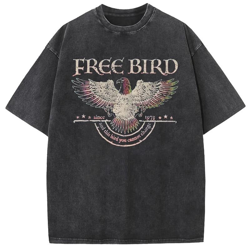 Holafish Free Bird Acid Wash Shirt, Old School Band T-shirt, Retro Music Shirt, Rock Band Tee, Women's Crew Neck,...