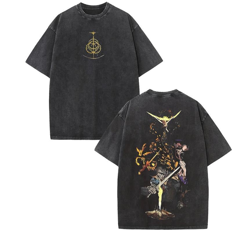 Holafish Front And Back Graphic Print, Boutique 230g Washed Distressed Batik Thickened Cotton T-shirt, Men's Fashion...