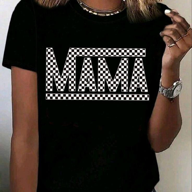 Holafish Funny Checkered Mama Comfy Chic Mama Print Tee - Women's Casual Short Sleeve Crew Neck T-shirt for Everyday Wear...