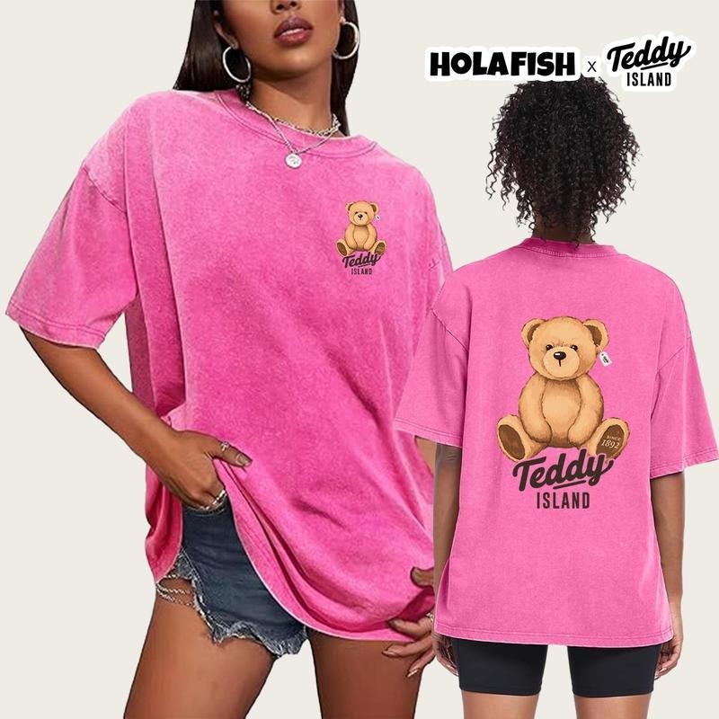 Holafish Holafish Teddy Bear Print Women's Oversized T-Shirt Acid Washed Short Sleeves Casual Loose Fit, Baggy Thickened...