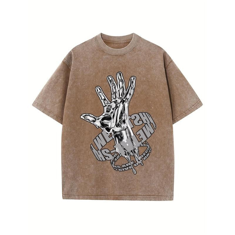 Holafish Matel Print Oversized Cotton Solid Drop Shoulder T Shirts for Men Vintage Streetwear Basic Tees Baggy Hip Hop...