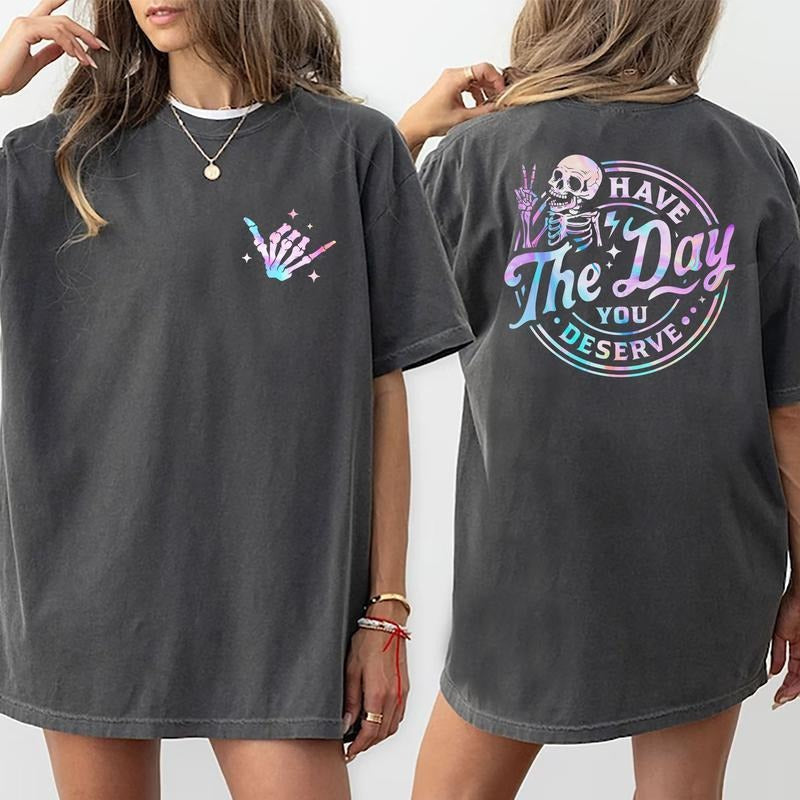 Holafish Oversize Acid Wash Vintage Skeleton Pattern T-Shirt,Inspiration Women Tops,Sarcastic Quote Tee,Motivational...
