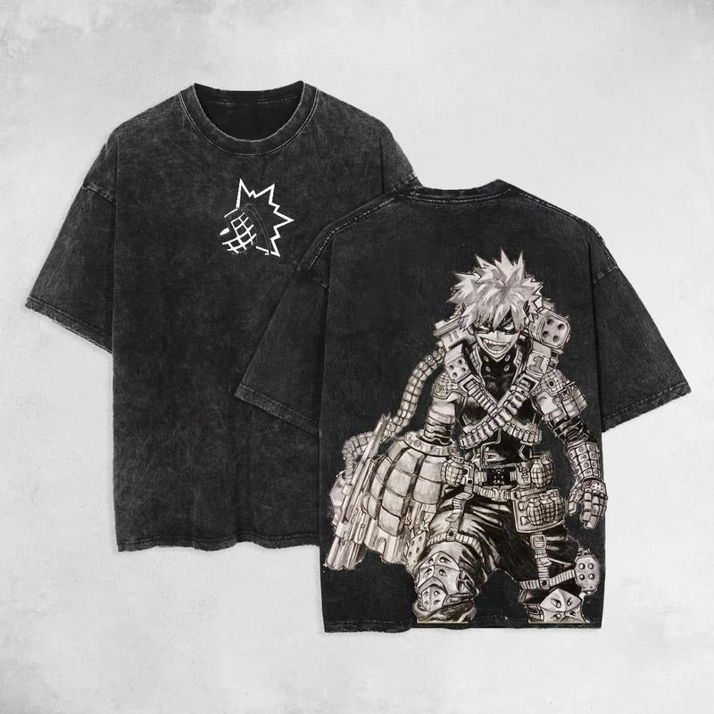 Holafish Retro Vintage Bakugo - My Hero Acedemia Anime Double Printed Oversized Washed Tee Unisex Oversize Anime Manga...