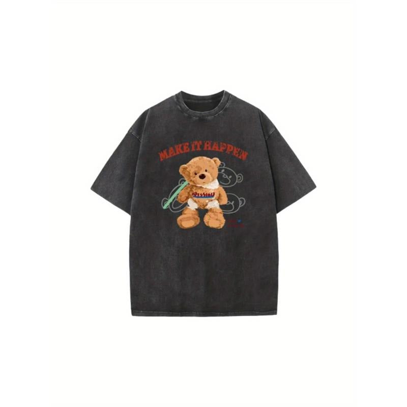Holafish Teddy Bear Vintage Pattern T-shirt Fashion Acid-washed Short Tshirt 100% cotton Wash Tee,Workout Short Sleeve...