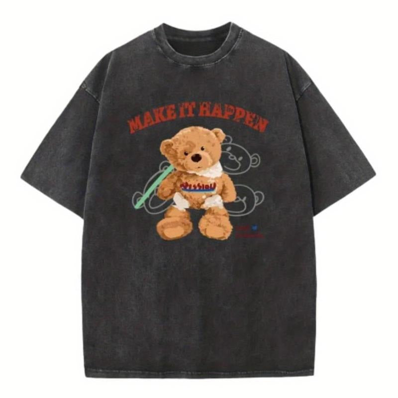 Holafish Teddy Bear Vintage Pattern T-shirt Fashion Acid-washed Short Tshirt 100% cotton Wash Tee,Workout Short Sleeve...