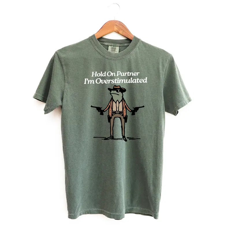 Hold On I'm Overstimulated Funny Tshirt, Comfort Colors Vintage Tees, Womens Shirts, Frog Graphic Tees, Frog Lover Shirt...